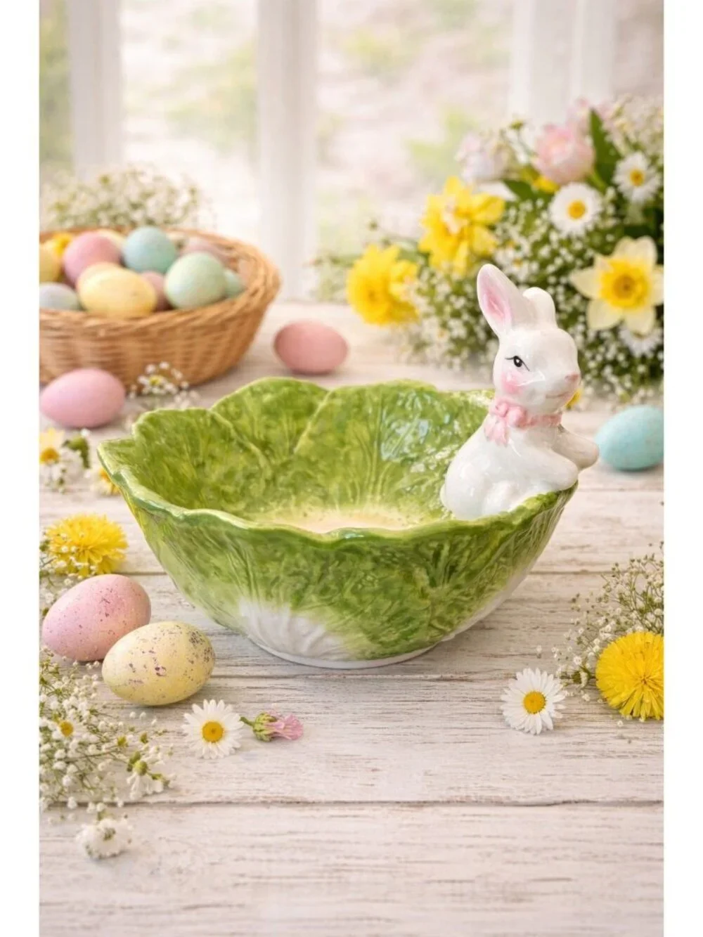 New Green Easter Bunny Cabbage Shaped Serving Dish Bowl Decorative Spring Decor